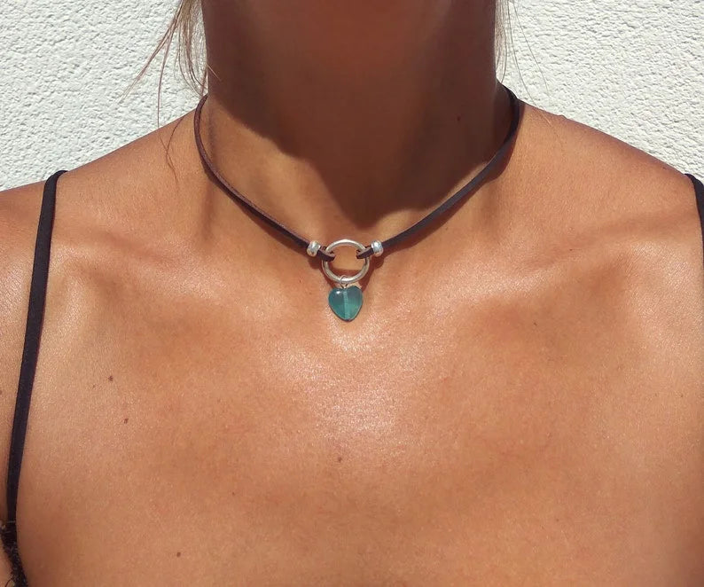 Silver Choker Necklace Blue Quartz Heart Pendant