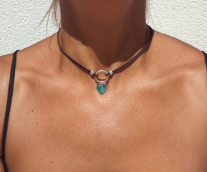 Silver Choker Necklace Blue Quartz Heart Pendant