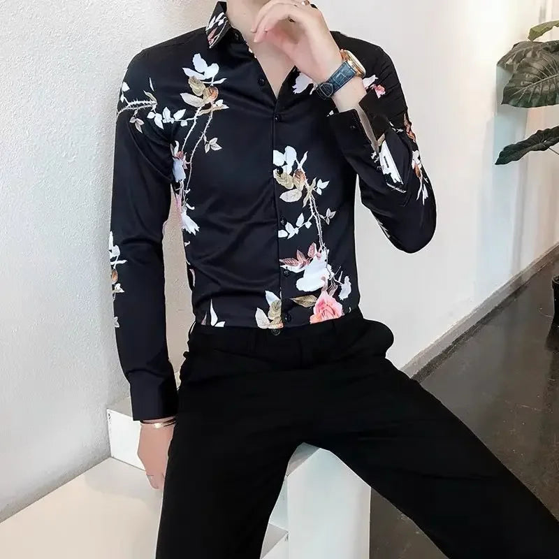 Floral White Casual Shirt Men’s Korean Top