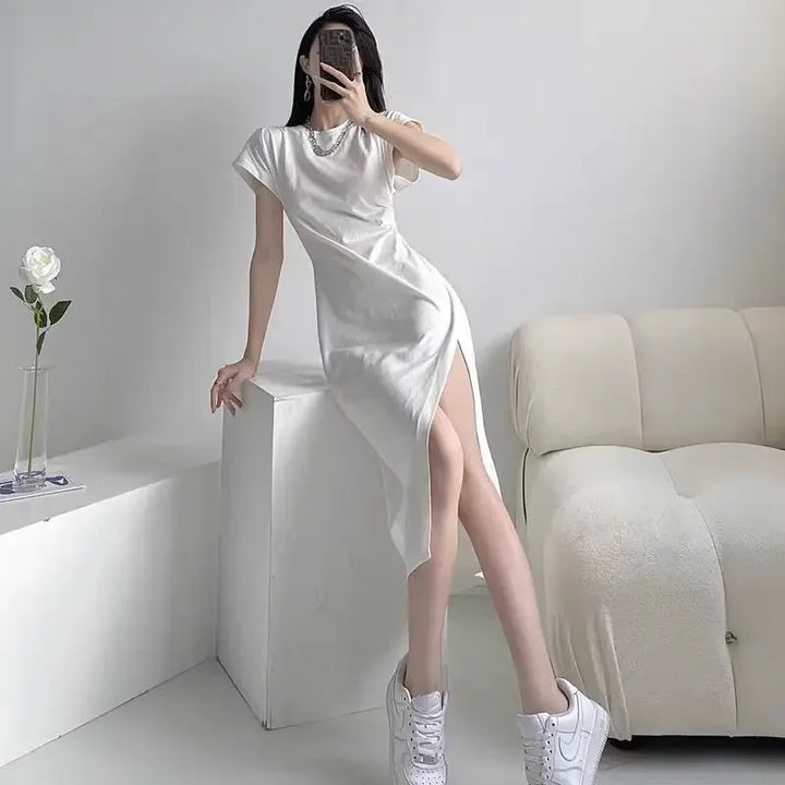 Y2K White Midi Dress Casual Cotton Blend