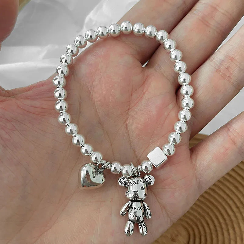 925 Silver Beaded Bracelet Bear & Zircon Charm