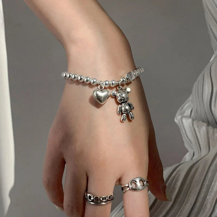 925 Silver Beaded Bracelet Bear & Zircon Charm