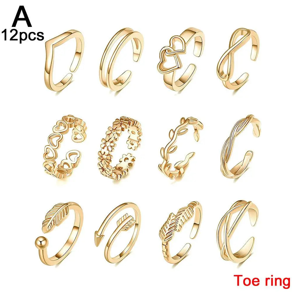 12-Piece Toe Ring Set Adjustable Gold & Silver