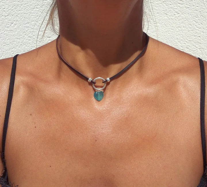 Silver Choker Necklace Blue Quartz Heart Pendant
