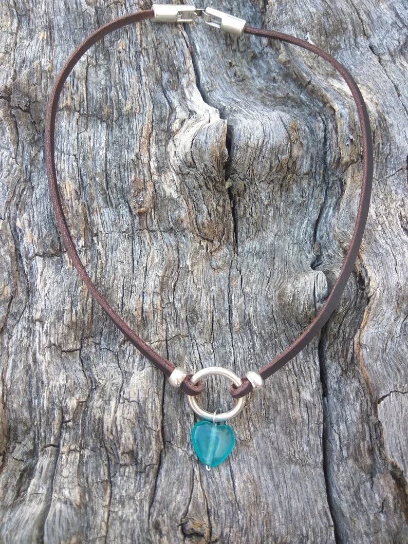 Silver Choker Necklace Blue Quartz Heart Pendant