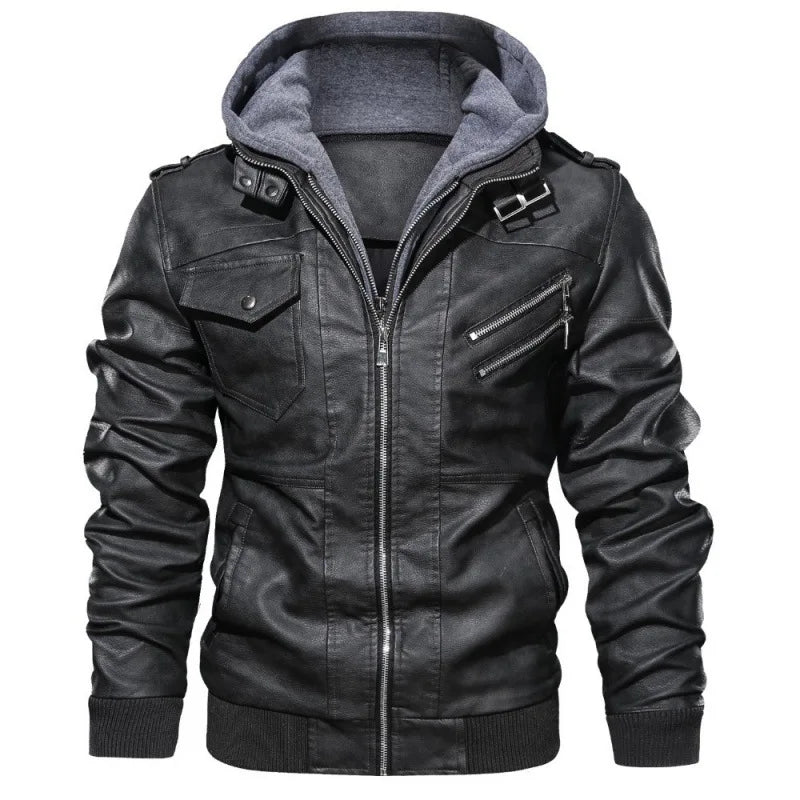 Men’s Faux Leather Jacket with Detachable Hood