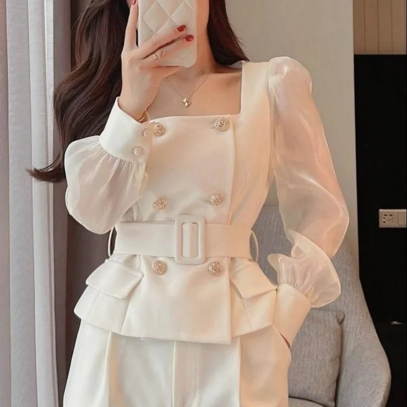 White Trouser Suit Blazer & Wide-Leg Pants