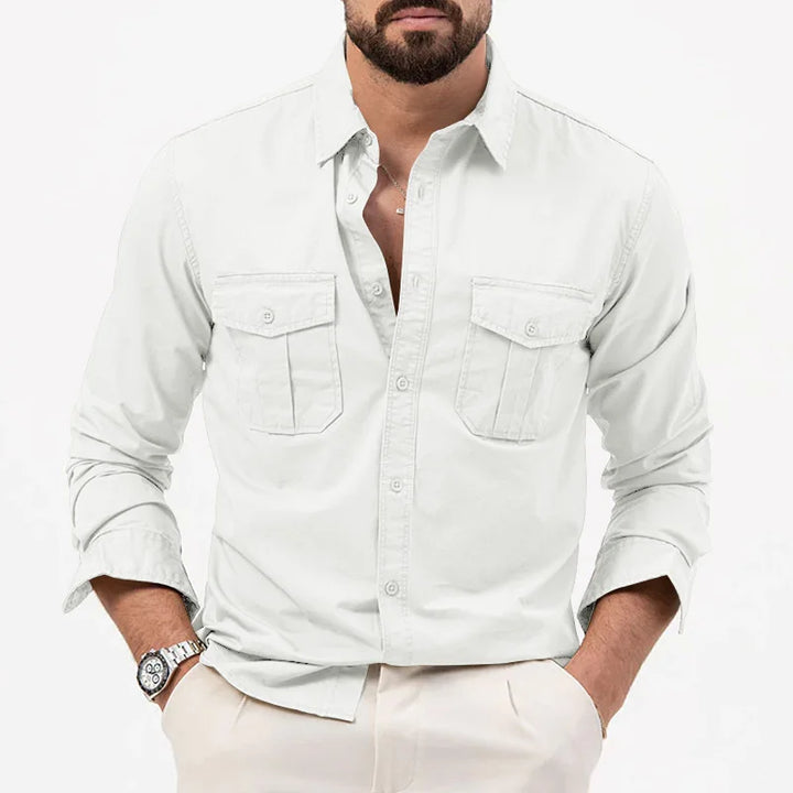 Men’s Solid Color Multi-Pocket Casual Shirt