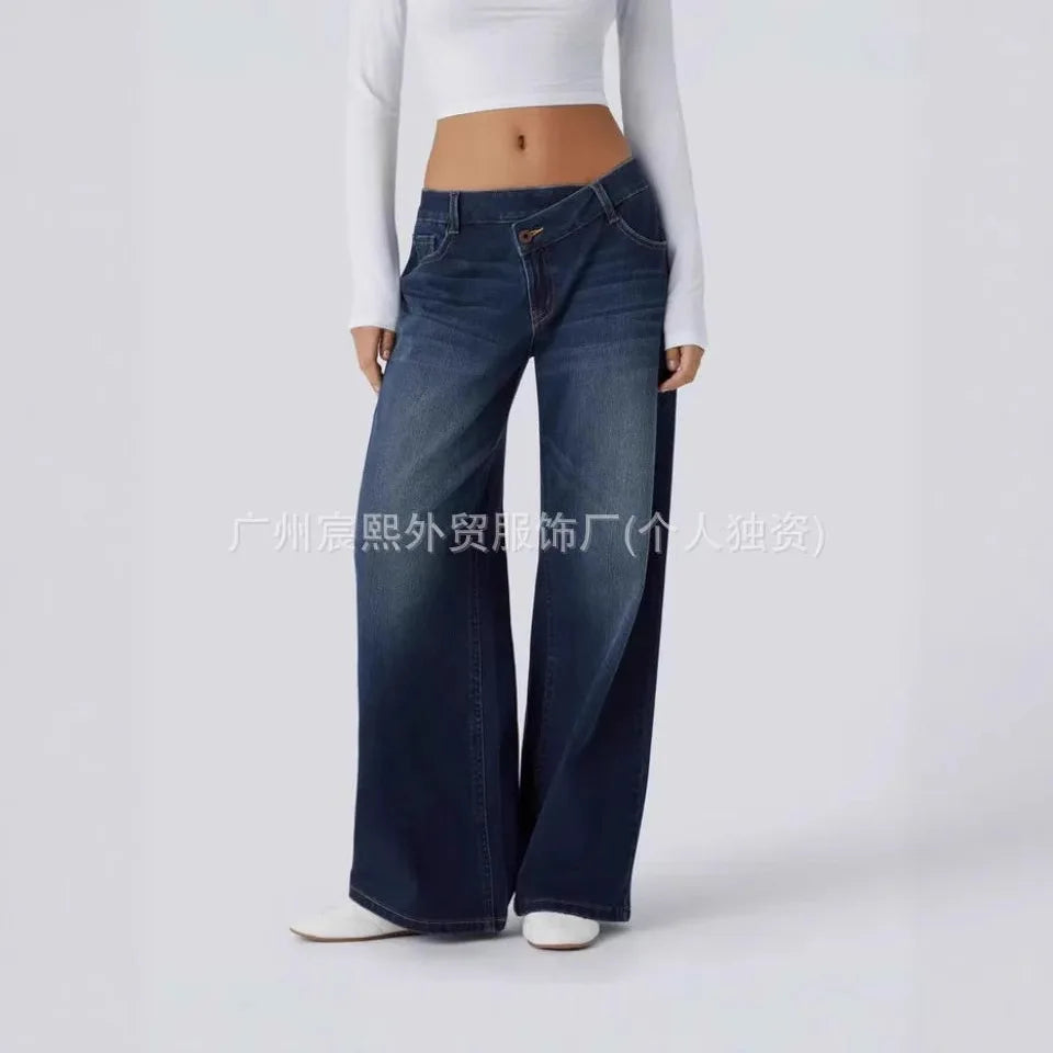 Women Jeans Solid Straight Pants Pockets Button Zipper Floor Length Trousers Splice Casual Streetwear Denim Pant Autumn 2025