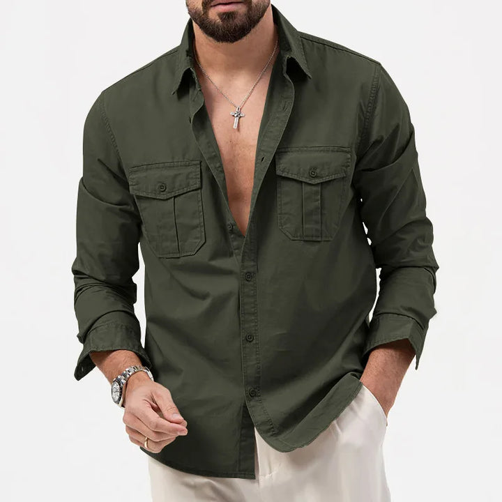 Men’s Solid Color Multi-Pocket Casual Shirt