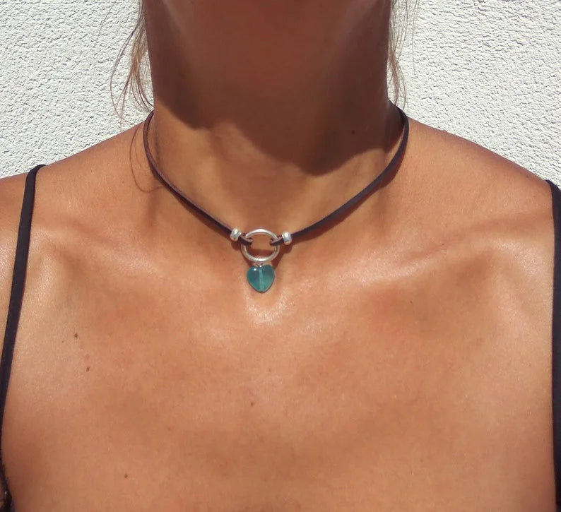 Silver Choker Necklace Blue Quartz Heart Pendant