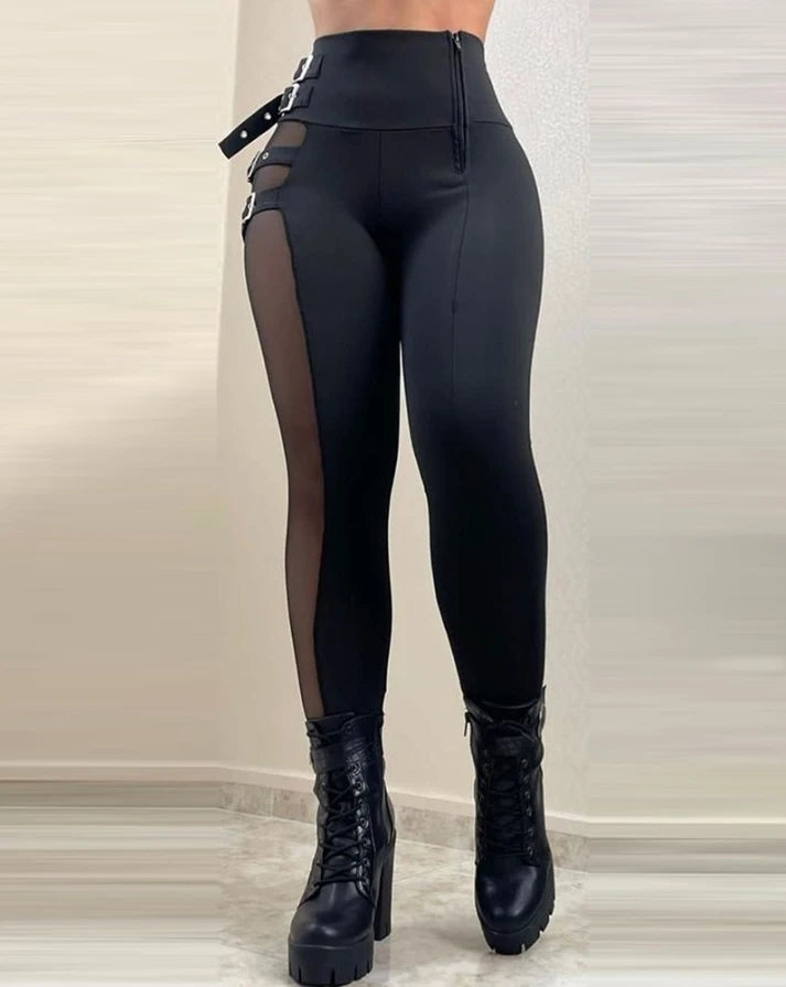 Skinny Mesh Pants Zipper Fly High Waist
