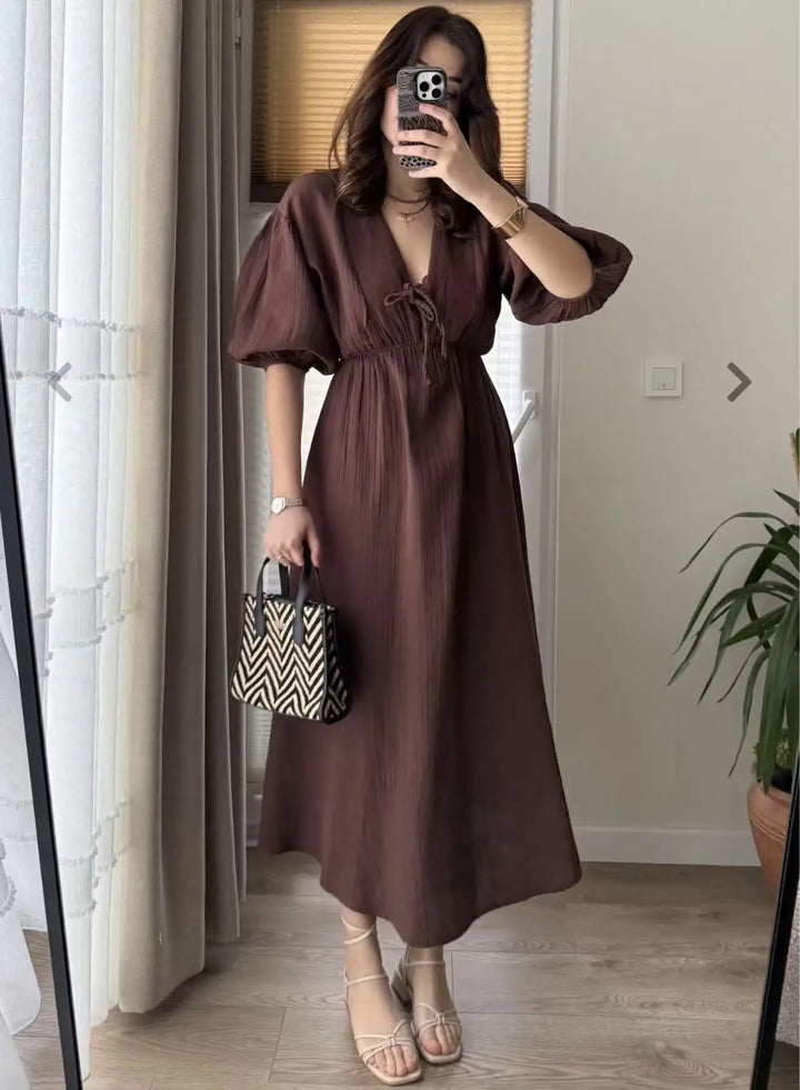 Elegant Lace-up Puff Sleeve Midi Dress 2025