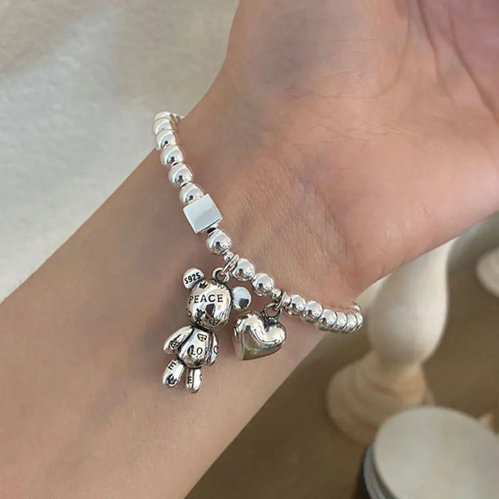 925 Silver Beaded Bracelet Bear & Zircon Charm