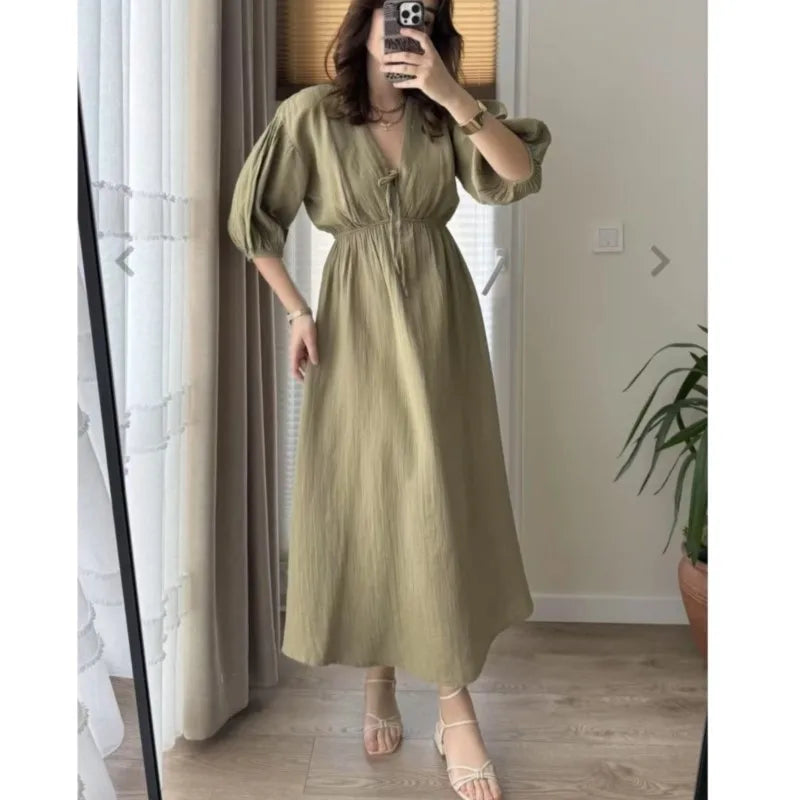 Elegant Lace-up Puff Sleeve Midi Dress 2025