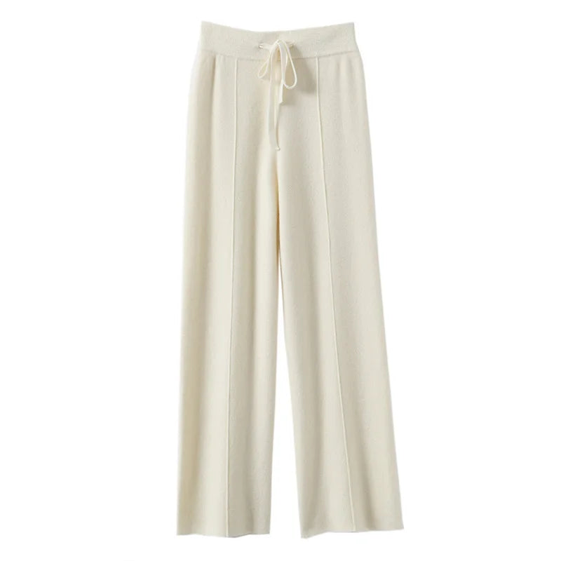 Wide-Leg Knit Pants Drawstring & Slim Fit