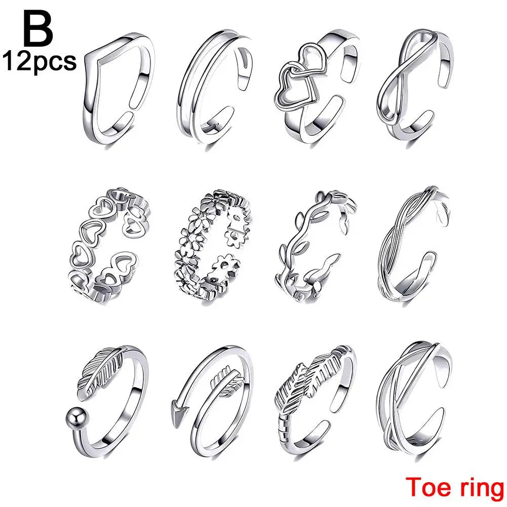12-Piece Toe Ring Set Adjustable Gold & Silver