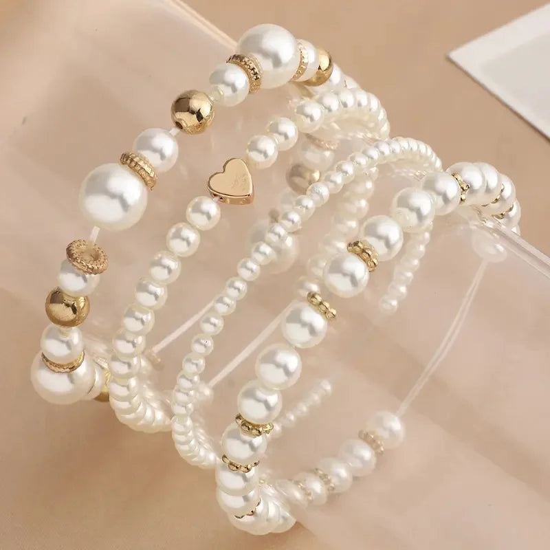 Heart Beaded Pearl Bracelets Set of 4