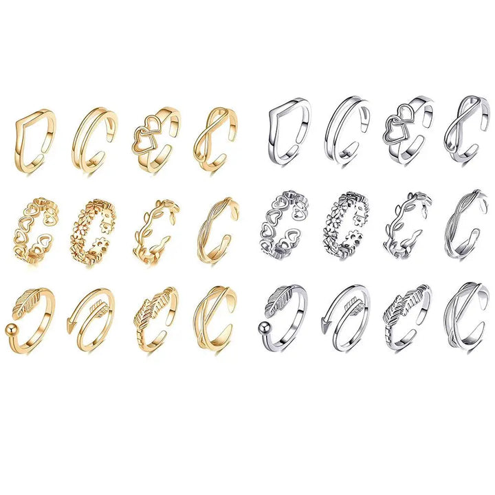 12-Piece Toe Ring Set Adjustable Gold & Silver