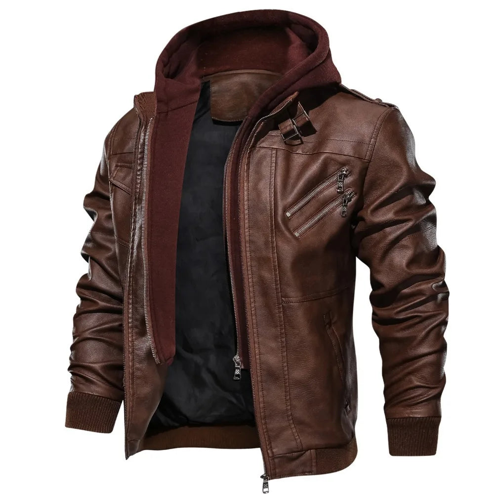 Men’s Faux Leather Jacket with Detachable Hood