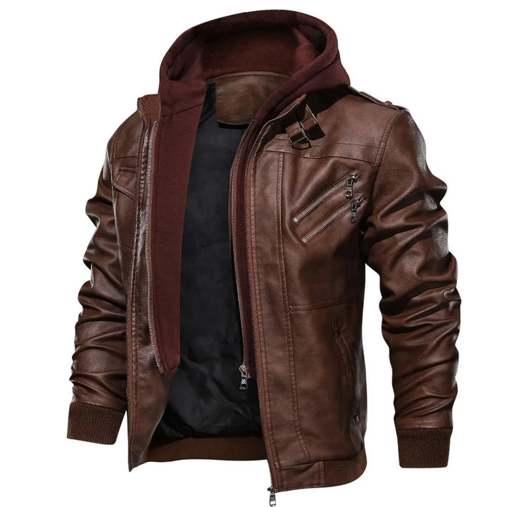 Men’s Faux Leather Jacket with Detachable Hood