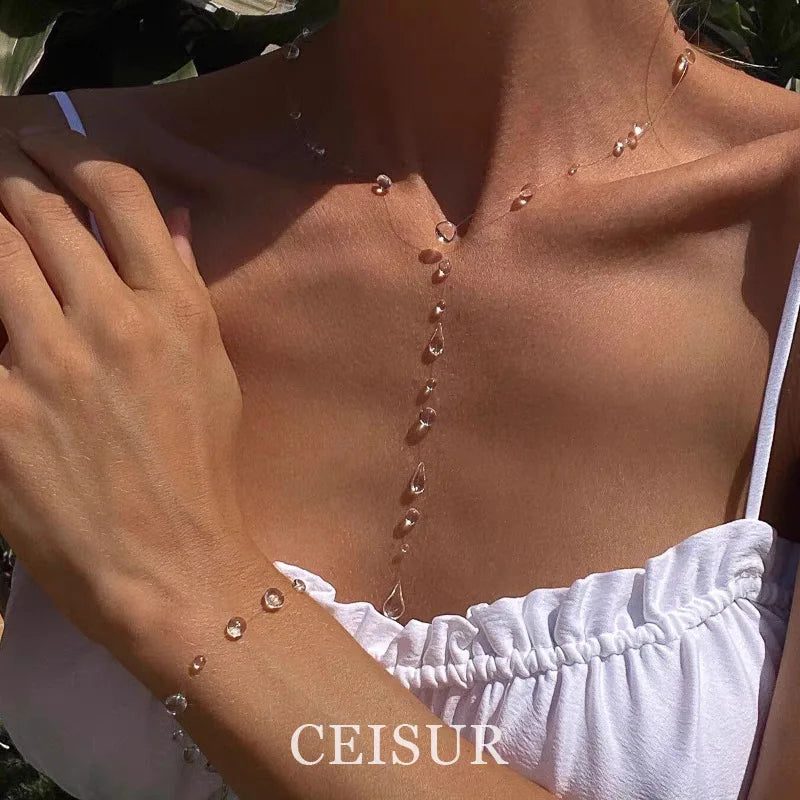 Crystal Teardrop Necklace Layered Ice Dewdrop