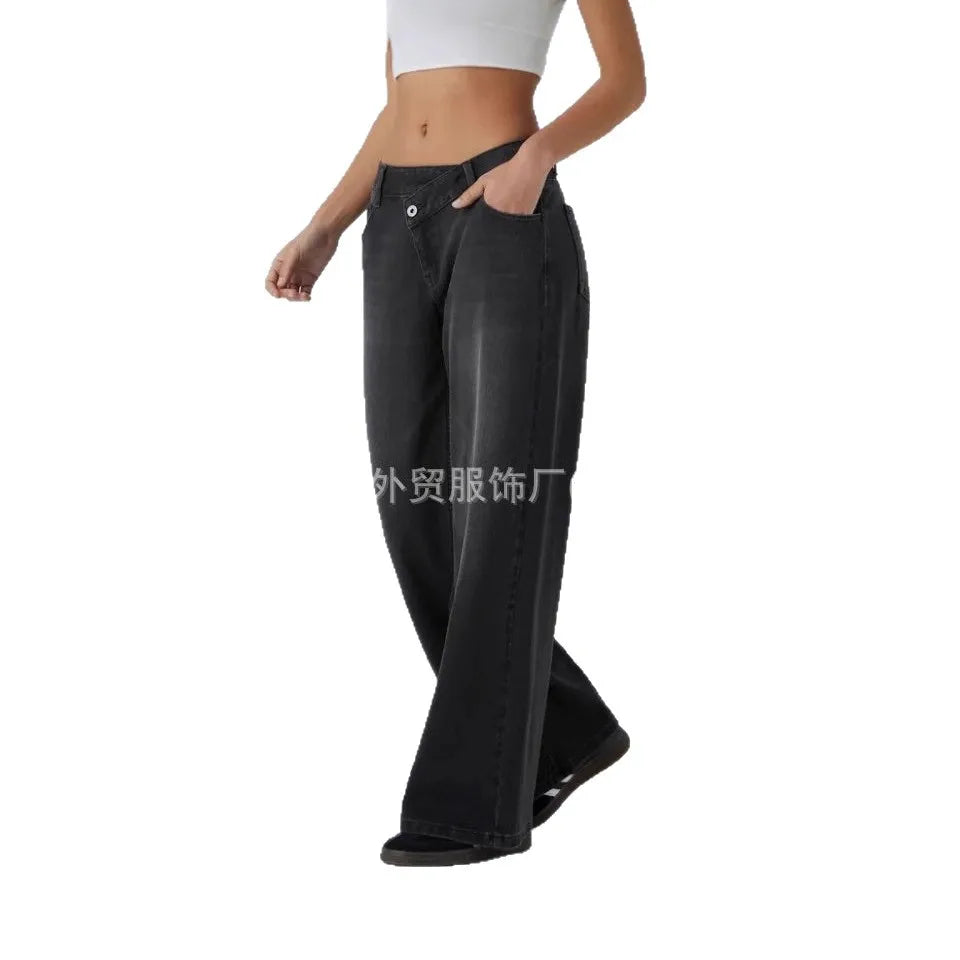 Women Jeans Solid Straight Pants Pockets Button Zipper Floor Length Trousers Splice Casual Streetwear Denim Pant Autumn 2025