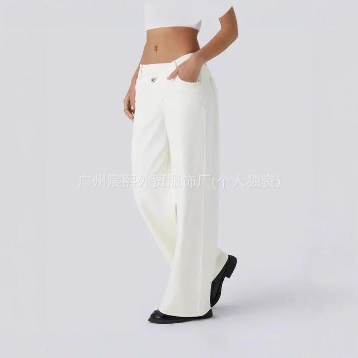 Women Jeans Solid Straight Pants Pockets Button Zipper Floor Length Trousers Splice Casual Streetwear Denim Pant Autumn 2025