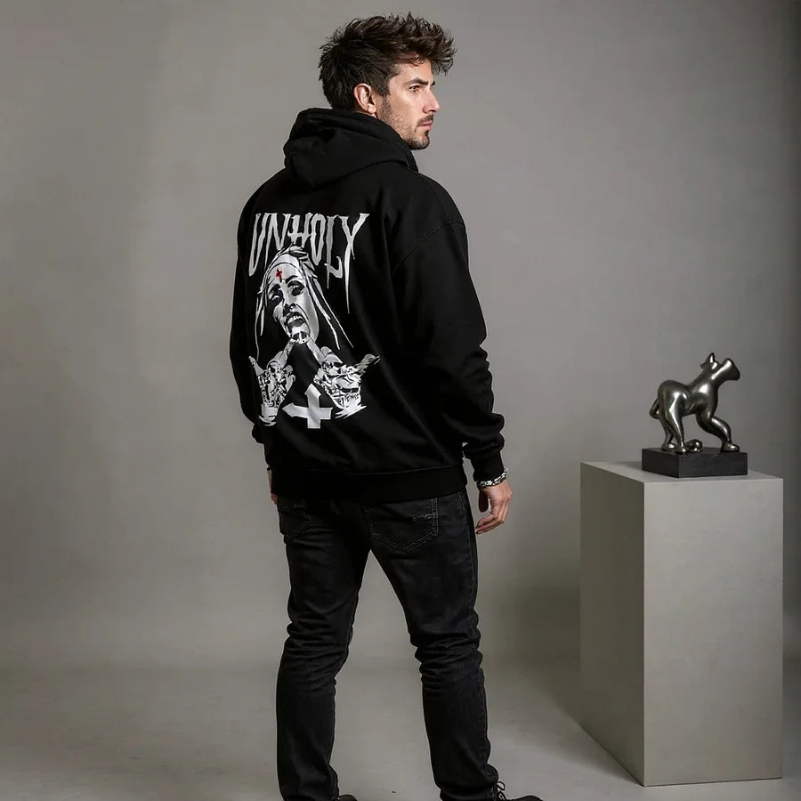 UNHOLY Nun Graphic Casual Black Print Hoodie