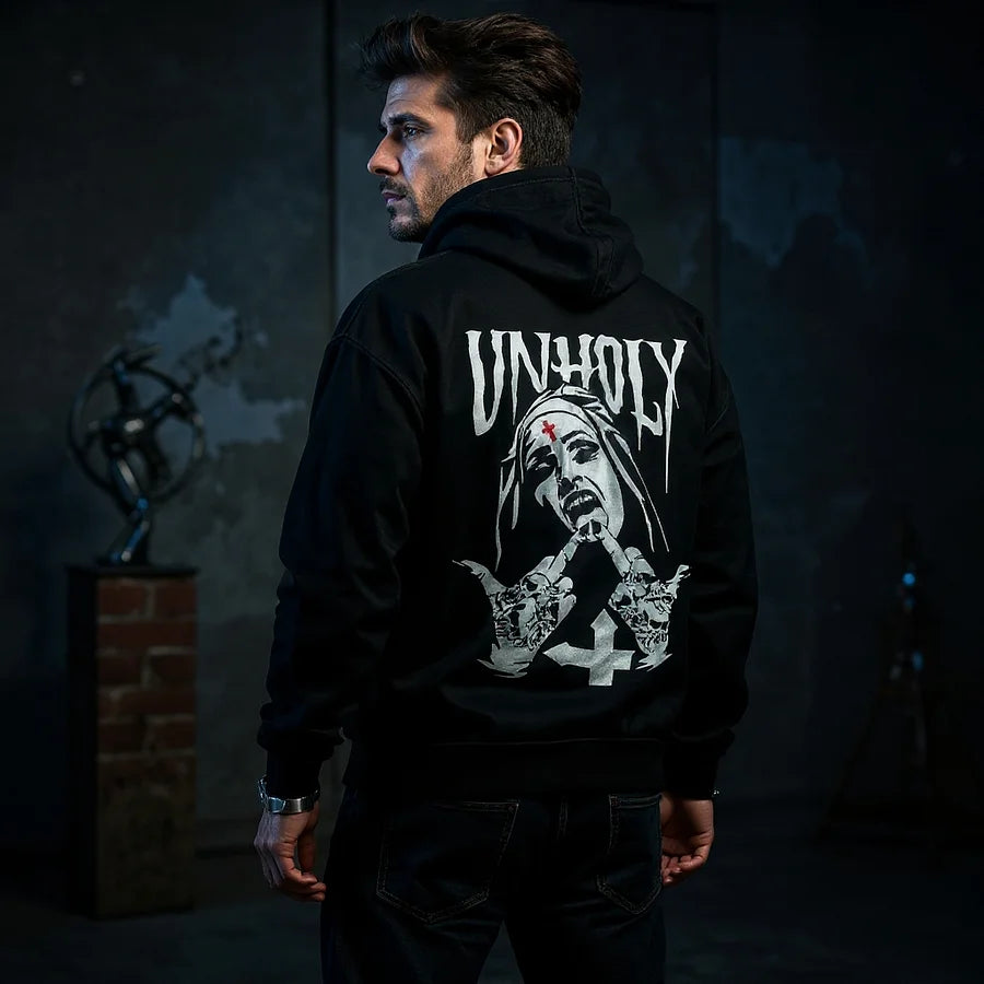 UNHOLY Nun Graphic Casual Black Print Hoodie